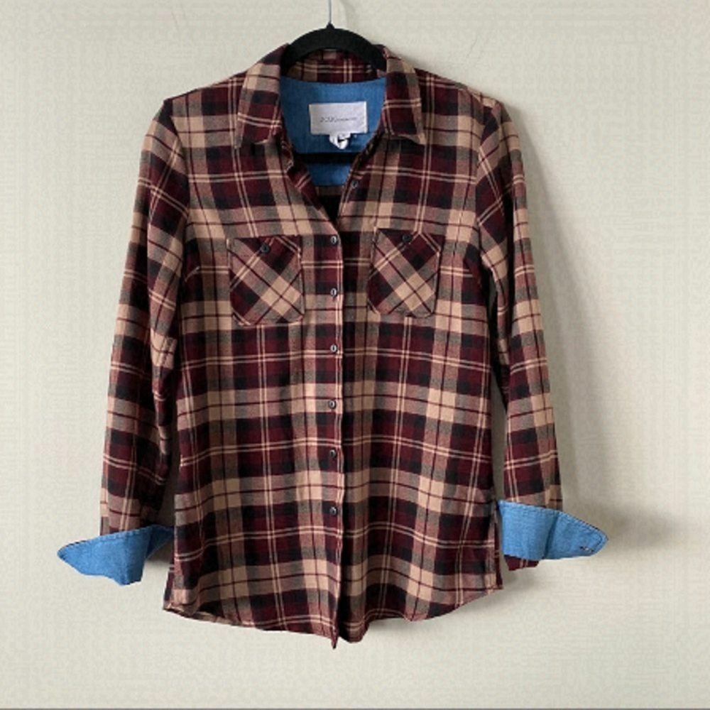 BCBG-Plaid Denim Cuff Button Down Shirt-XS